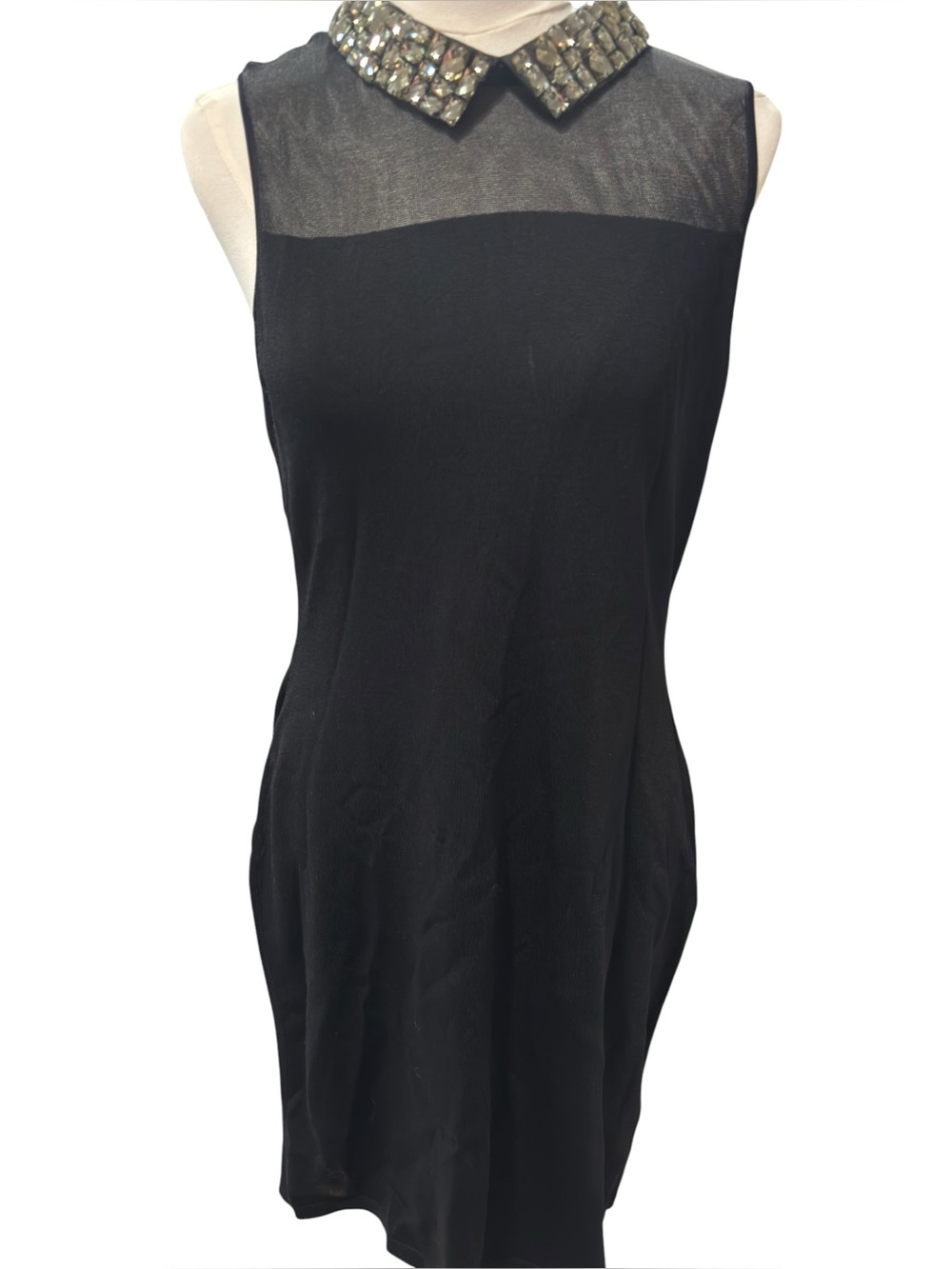 Lauren Ralph Lauren Black Sleeveless Sheath Dress Beaded Collar Mesh Yoke Large